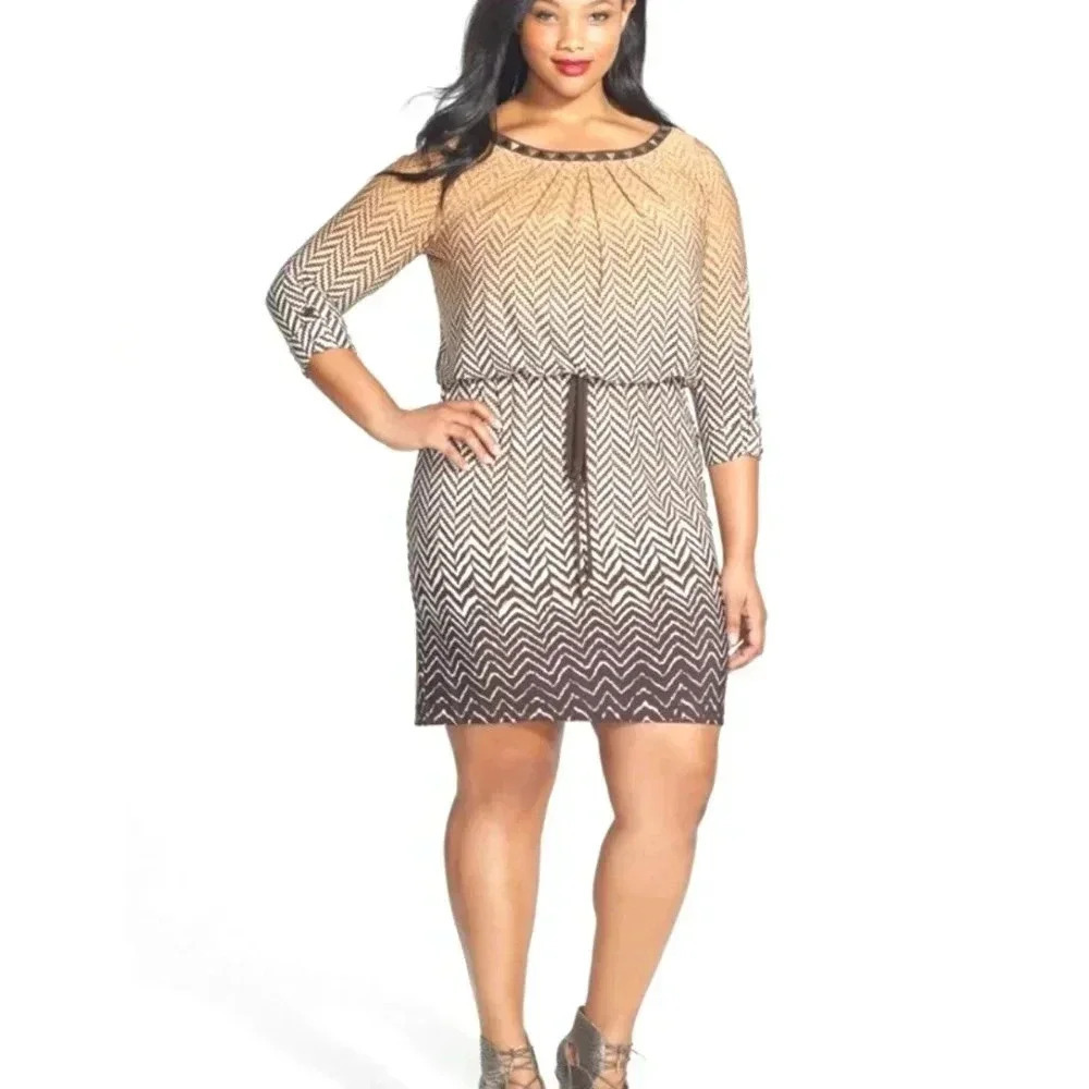 London Times Blouson/Drawstring Shift Dress With 3/4 Buttoned Sleeve,Size 14